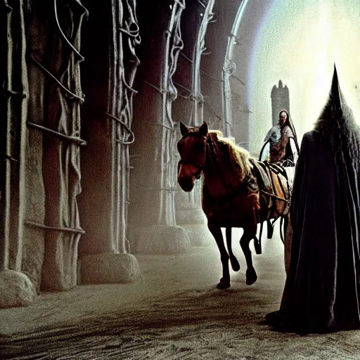 Image similar to gandalf riding in a cart being pulled by a horse, style of h. r. giger, cinematic, movie still, cgi, directed by ridley scott