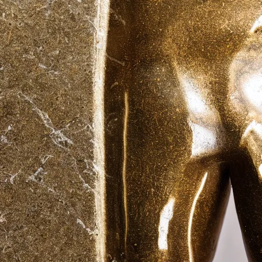 Image similar to stunning close up photograph of marble sculpture of strong masculine man's legs made of marble. Sculpture is on top of fine gold base, masculine texture background, 40mm lens, shallow depth of field, split lighting