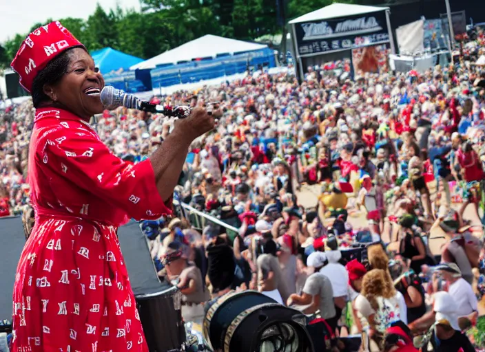 Image similar to photo still of aunt jemima in period attire at vans warped tour!!!!!!!! at age 4 0 years old 4 0 years of age!!!!!!! on stage throwing pancakes to the crowd, 8 k, 8 5 mm f 1. 8, studio lighting, rim light, right side key light