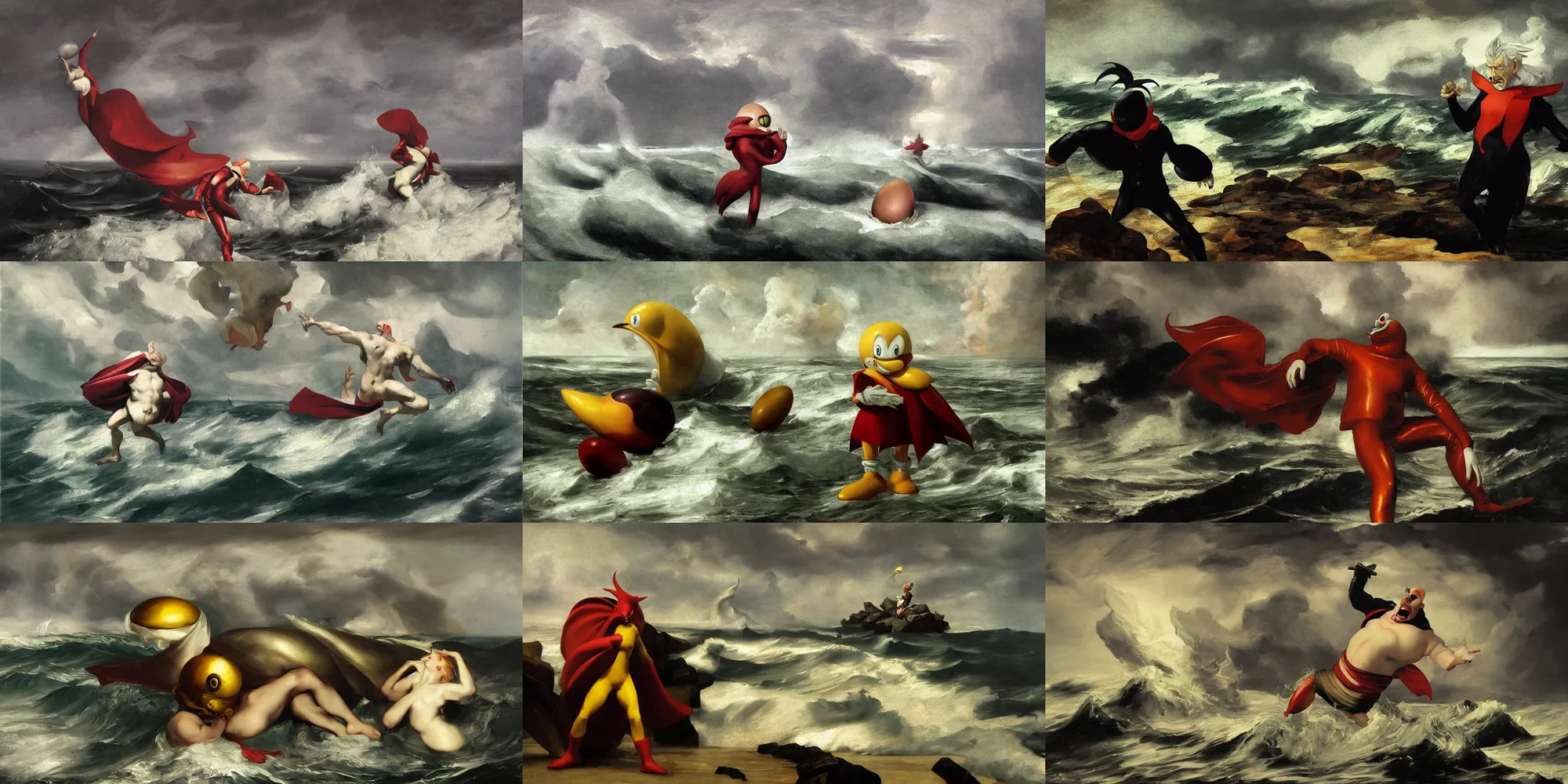 Prompt: Eggman standing over the shore of a stormy ocean from Sonic Heroes, Sonic (series), SEGA, a painting by roberto ferri, by Félicien Rops, by Caravaggio, ink painting, volumetric render, digital painting, detailed painting, occult, sharp focus, intrincate details