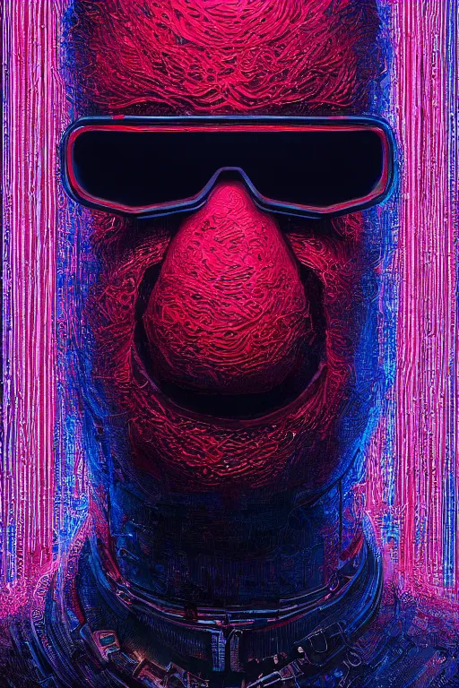 Image similar to portrait of Elmo in The Matrix. intricate abstract, intricate artwork by Tooth Wu, wlop, beeple, dan mumford. octane render, trending on ArtStation, greg rutkowski, very coherent symmetrical artwork. cinematic, hyper realism, high detail, 8k, iridescent accents