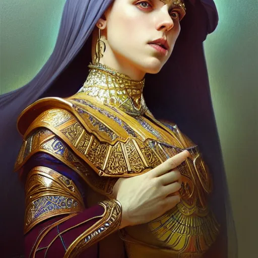 Image similar to bilie eilish portrait of ottoman sultan gog, female, clear face, symetrical, masculine, full body, 4 k, fantasy, intricate, elegant, highly detailed, digital painting, artstation, concept art, matte, sharp focus, illustration, art by artgerm and greg rutkowski and alphonse mucha