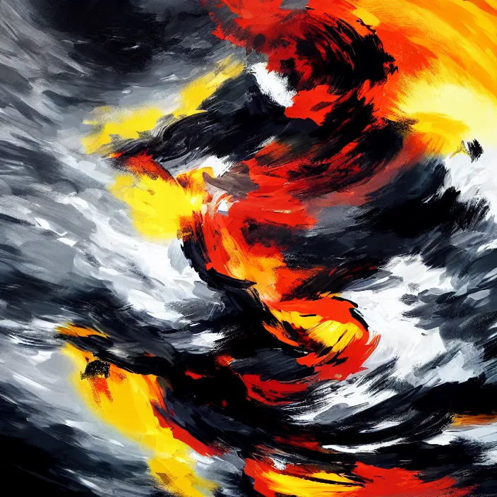 Image similar to a thin, athletic man's body explodes in abstract, thick flowing dramatic brush strokes, strong wind, black background, matte colors, impressionist, extreme motion, trending on artstation