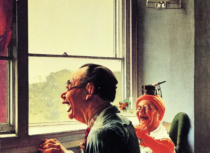 Image similar to a laughing man sitting by the window, a slim woman in the background, norman rockwell