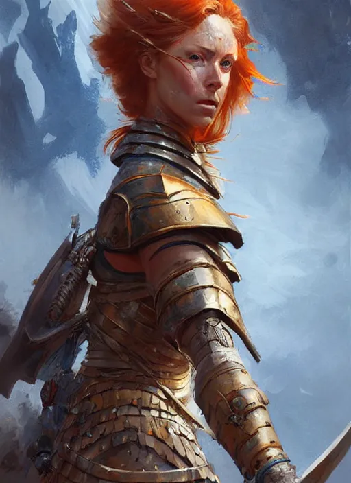 Image similar to highly detailed painting of a warrior woman commander, armored, icelandic redhead, tan skin, blue - eyes, high fantasy, dungeons and dragons art by jon foster trending on artstation painted by greg rutkowski, painted by stanley artgerm