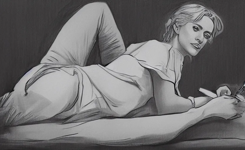 Prompt: film still of brittany murphy seated on bed beside ipad, short blonde hair, beautiful face, wearing shirt, realistic proportions, ink, black and white, illustration, cinematic compo, sition, lineart, clean lines, sean phillips...