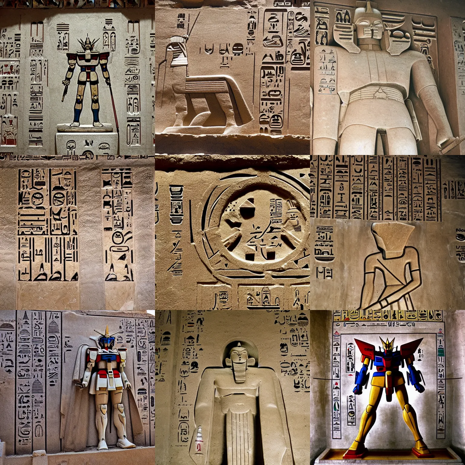 Prompt: photo of a gundam inscribed on the wall of a tomb in egypt, historical, artifact, marble, stone, national geographic, relic