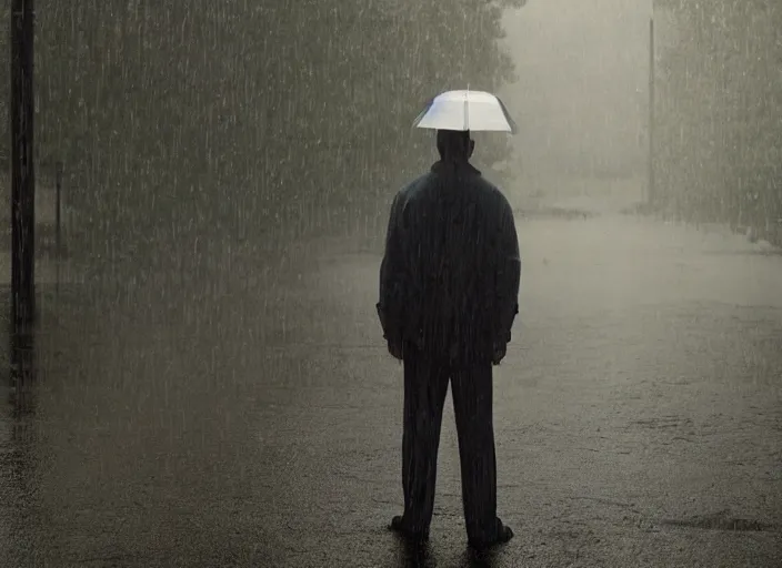 Image similar to a detailed cinematic photograph of man standing in rain by gregory crewdson, photoreal, 4 k