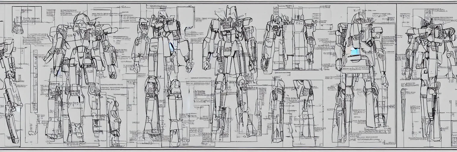 Image similar to highly detailed schematic, technical drawing, GUNDAM frame, parts, annotations