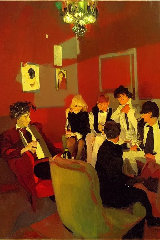 Image similar to glam rockers drinking wine, inside a tiny green room with red lights by joaquin sorolla, bill sienckiwicz, extremely detailed