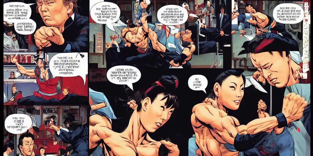 Image similar to Chun Li teaching Trump karate. Epic painting by James Gurney and Laurie Greasley.