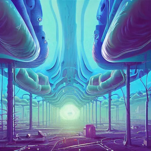 Image similar to beautiful painting of the empyrean glitched factory in a corals alien vortex in the style of Simon Stålenhag and H. R. Giger, detailed, trending on Artstation