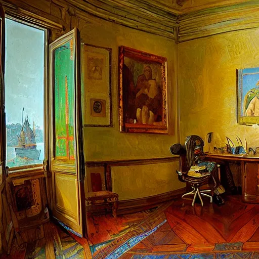 Image similar to a cozy little office nook, dmitry spiros, leonardo da vinci, jacques - louis david, johannes vermeer, 8 k, wide angle,