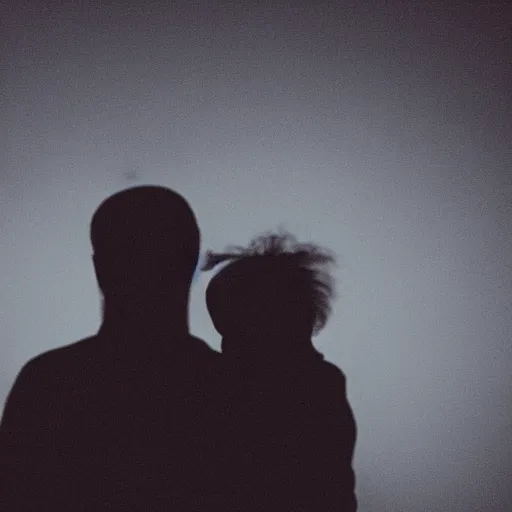 Prompt: dark silhouette of man and background of family portrait