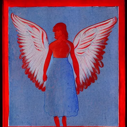 Prompt: red angel on blue background, chromostereopsis