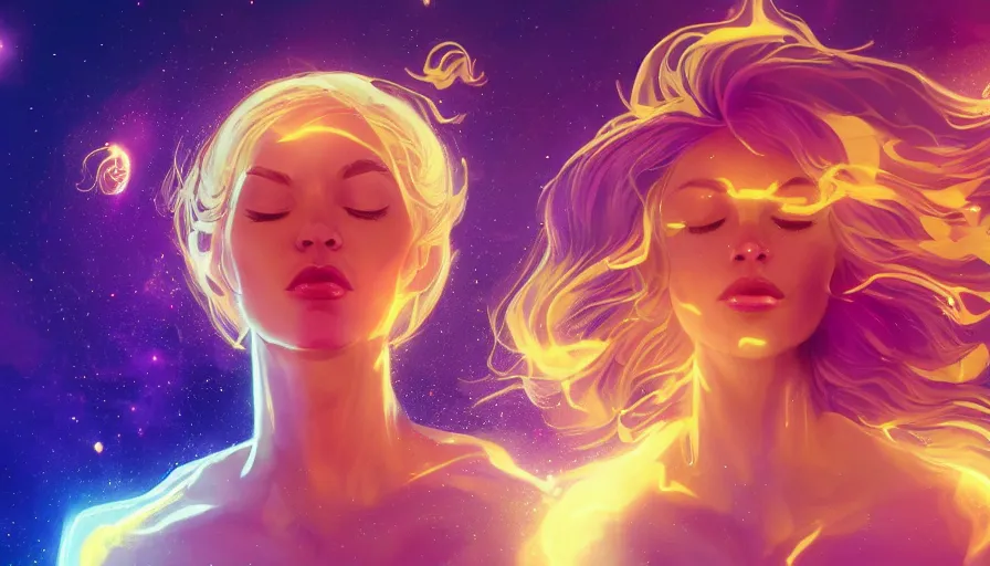 Image similar to a golden woman, eyes closed, glowing lavender aura, head expanding into pieces, laser beaming from the sky into the top of her head, half body, in space, concept art, artstation