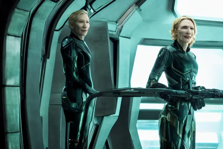 Image similar to cate blanchett on the bridge of a starship, cyberpunk, movie still