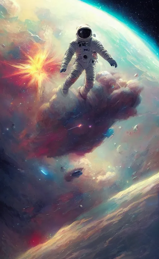 Prompt: a beautiful artwork illustration, astronaut hovering in space galactic nebula, by greg rutkowski and jesper ejsing and raymond swanland, featured on artstation, wide angle, vertical orientation