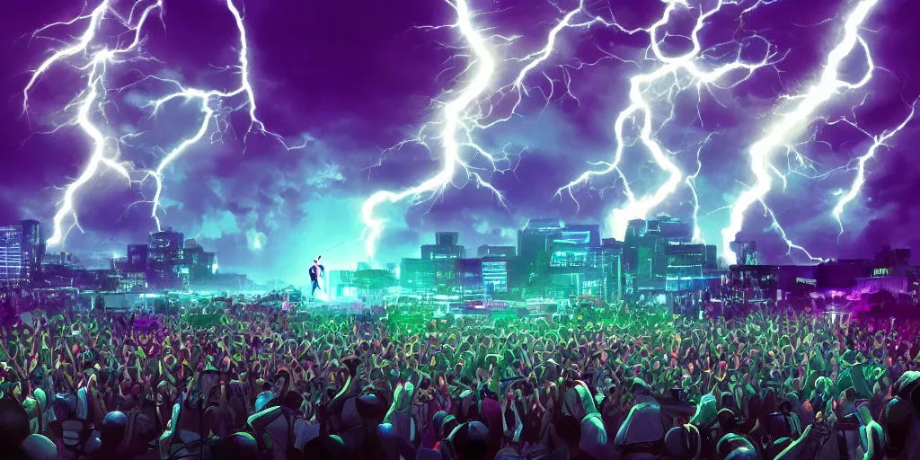 Prompt: Lightning strikes while rapper performs for huge crowd reaching up to him, digital art, vapor wave, hip hop, trending on Artstation, professional artist, detailed, 4k