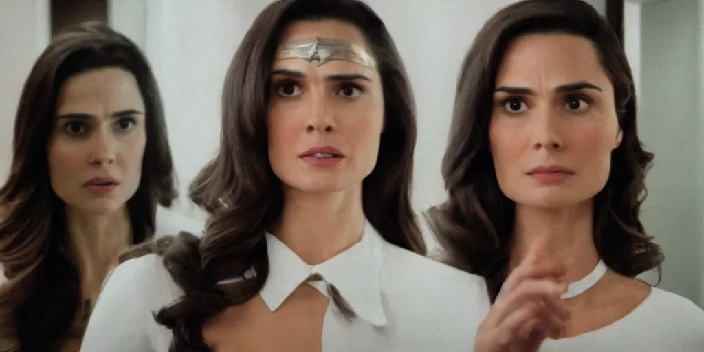 Prompt: ultra wide angle photo of torrey devito dressed in a white blouse and black dress pants as diana prince looking at herself in a bathroom mirror and seeing her reflection as wonder woman