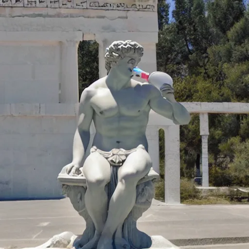 Image similar to a greek statue drinking fiji water, vaporwave background