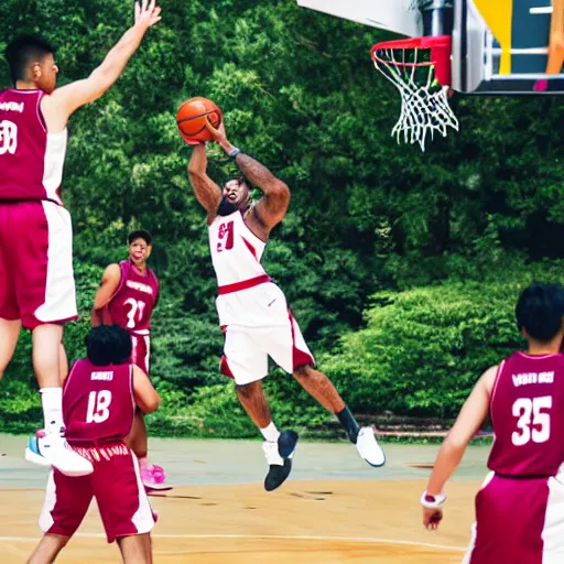 Image similar to photo of asian lebron james as an asian dunking a basketball, nikon d 7 3 0