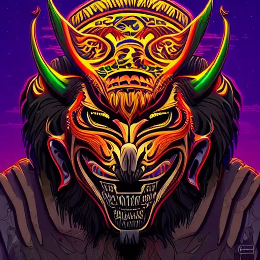 Prompt: side profile of barong family member, wiwek, mara demon, one single tribe member, jungle, one single mask, dark, ancient warrior, werewolf, tribal, inner glow, art by dan mumford and justin gerard