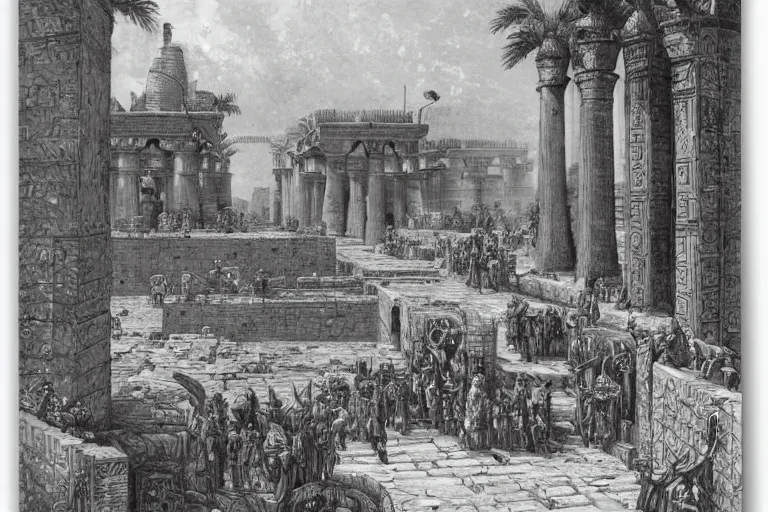 Image similar to ancient city of Babylon, hanging gardens of babylon. Robot mechas roaming the streets of ancient babylon. By gustave dore, highly detailed