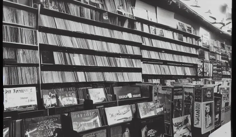 Image similar to a record store designed by gustave dore, 3 5 mm film, long shot