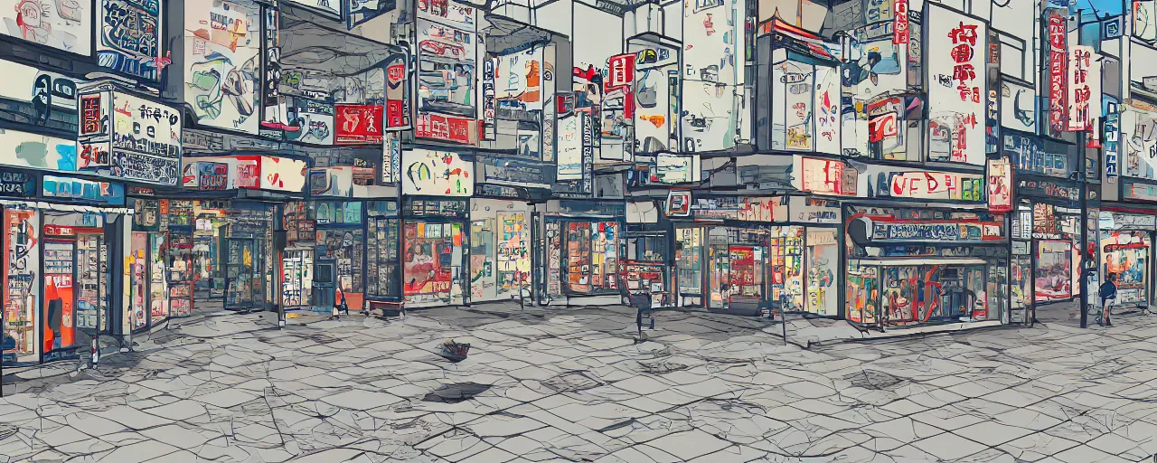 Prompt: Orthogonal view of Tokyo storefronts with no people graffiti treasure town comics illustration digital art painting artstation depth global illumination GI AAA SSS
