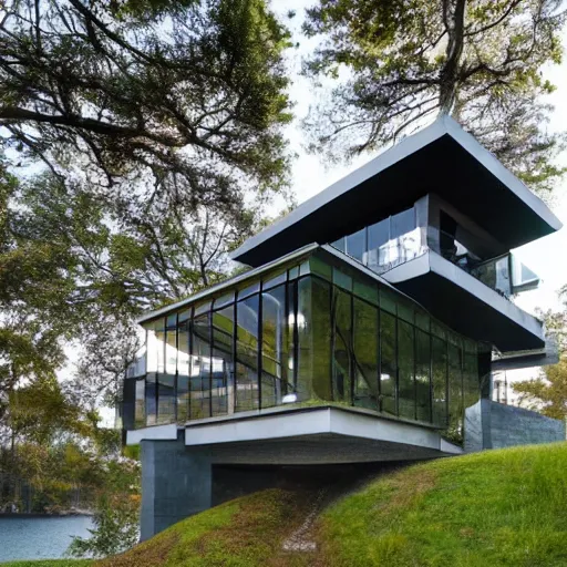 Prompt: Modern luxury lakeside house, by Escher