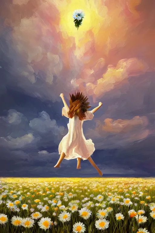 Image similar to giant white daisies flower as head, girl jumping in a flower field, surreal photography, sunrise, dramatic light, impressionist painting, colorful clouds, digital painting, artstation, simon stalenhag