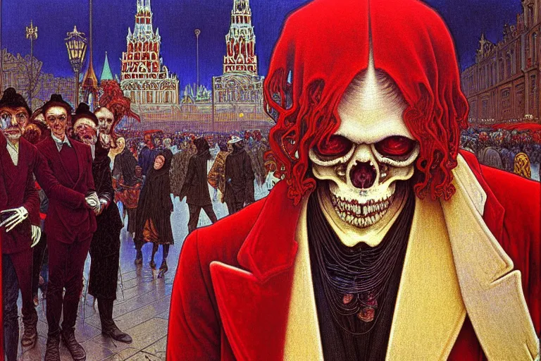 Prompt: realistic detailed closeup portrait painting of a single skeleton wearing red velvet blazer in a crowded futuristic moscow street by jean delville, amano, yves tanguy, alphonse mucha, ernst haeckel, ilya repin, edward robert hughes, andrei tarkovsky, roger dean, rich moody colours, blue eyes