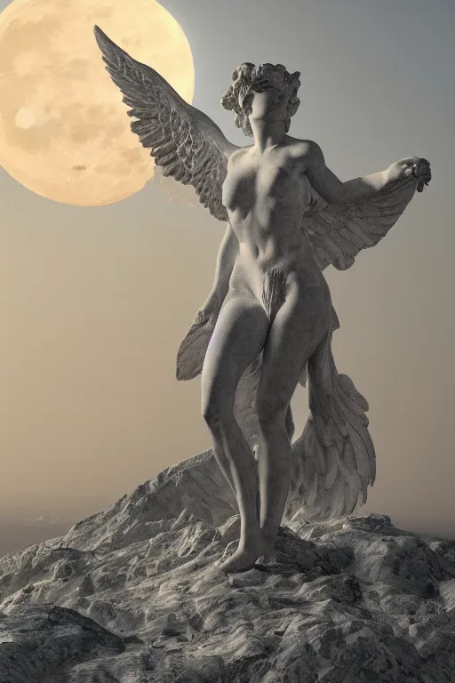 Prompt: Winged Victory at Samothrace, photorealistic, high resolution, award winning, trending on artstation, moon, highly detailed, night, volumetric lighting