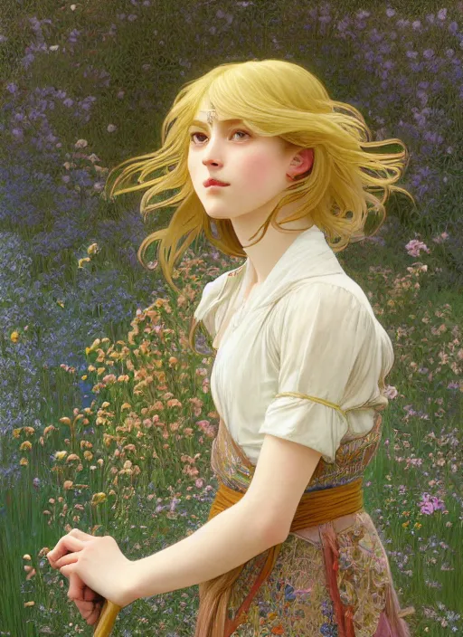 Image similar to pretty young man with shoulder length shiny shimmering golden blond hair, half body shot, decorative flower patterned background, path traced, highly detailed, high quality, digital painting, by studio ghibli and alphonse mucha, leesha hannigan, hidari, disney, jules bastien - lepage