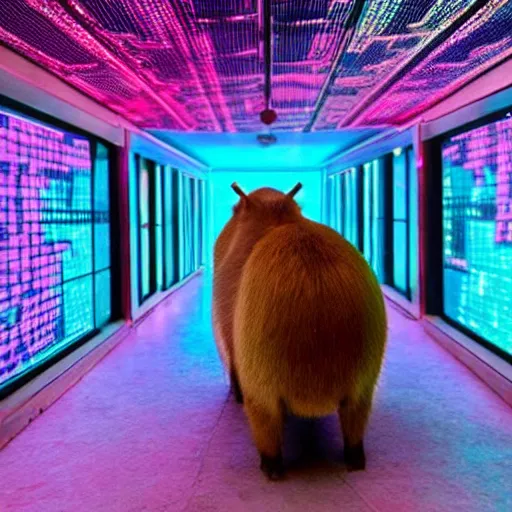 Prompt: a capybara in a spaceship hallway filled with glowing screens