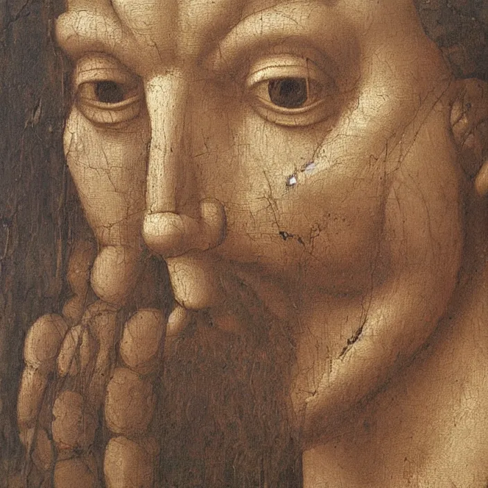 Image similar to an oil painting in the style of leonardo da vinci of half robot half man, indicating to ai