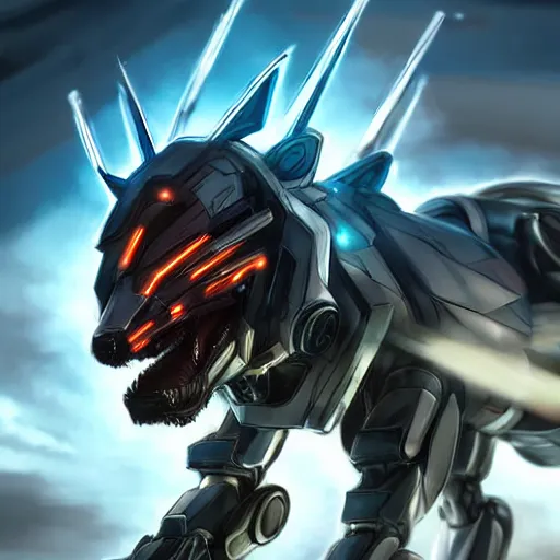 Image similar to hyper realistic, photographic, highly detailed cinematic full body shot of a mecha canine, sharp claws, sleek armor, glowing visor, charging through city, destroying city, digital art, furry art, dragon art, zoids art, furaffinity, deviantart