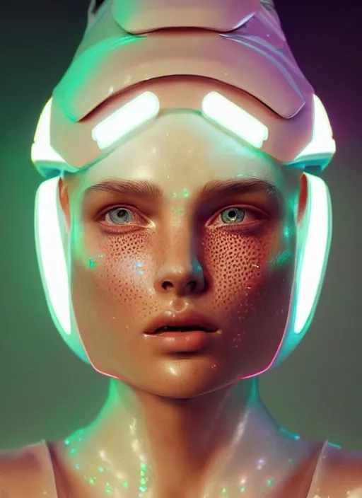 Image similar to a european female humanoid with freckled cheeks, cyber neon lighting, futurism, intricate futuristic led lit jewelry, cyberpunk glossy white latex swimwear, profile posing, hyper photorealistic, crispy quality, digital photography, trending in artstation, trending in pinterest, cinematic, 4 k ultra hd, art by pascal blanche, art by greg rutkowski,