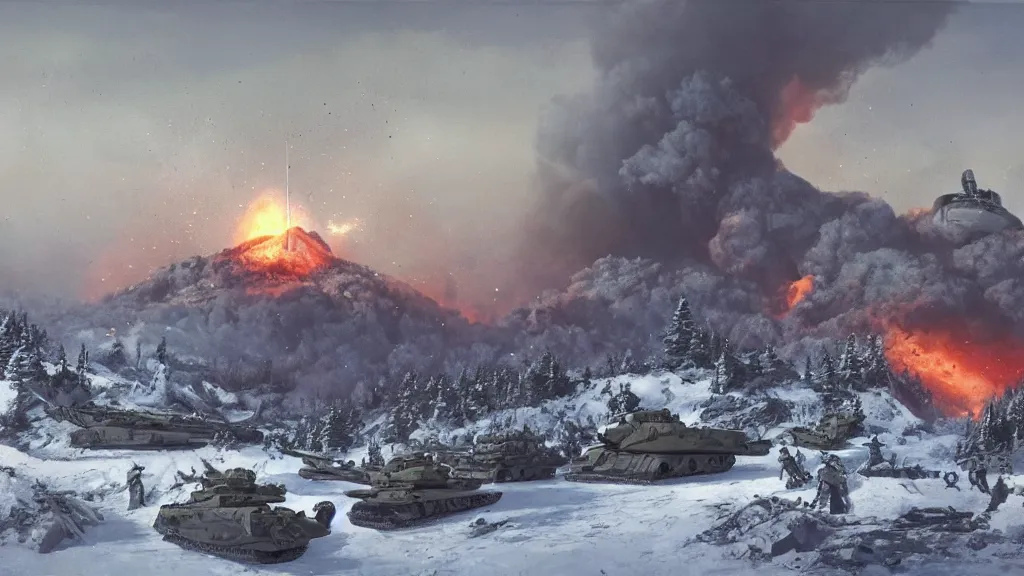 Image similar to snowy mountain, second world war fighting against ufo, aliens, tanks, jet fighters, missiles, with anti aircraft guns, with fire and smoke in the background by eugene von guerard, ivan shishkin, dramatic lighting, concept art, trending on artstation, 8 k