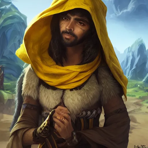 Image similar to portrait of young arabian nomad half wolf, with yellow cloths, league of legends splash art, hearthstone splash art, full body shot, rule of thirds, ultrafine hyperrealistic detailed face, artgerm, greg rutkowski, trending on artstation, 8 k, intricately detailed, highly detailed