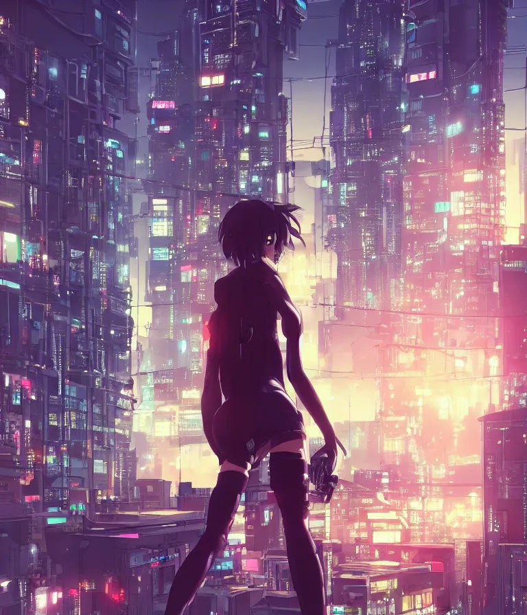 Image similar to a girl stands on top of a multi-storey building, anime style, 4k, cyberpunk city in the background, HD, artstation, very detailed, by Ilya Kuvshinov