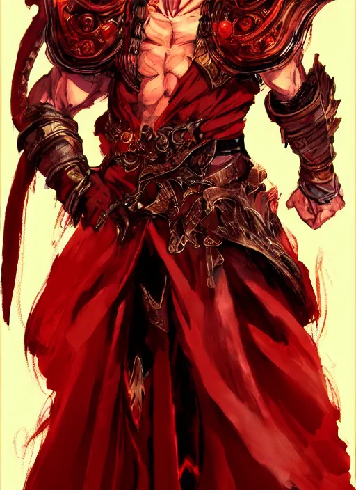 Image similar to Half body portrait of a handsome red haired elven monk prince with dragon eyes, staff and red and golden robe. In style of Yoji Shinkawa and Hyung-tae Kim, trending on ArtStation, dark fantasy, great composition, concept art, highly detailed.