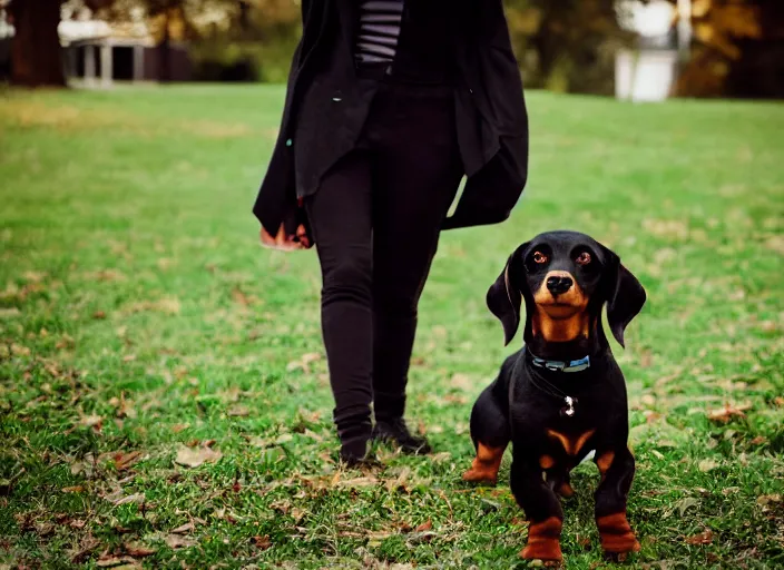 Prompt: a short - haired brown dachshund and an all black cavalier king charles, 5 0 mm