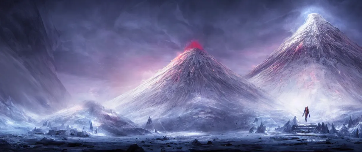 Prompt: digital painting of a frozen ice covered volcano, style of dark souls III, concept art, high angle, high detail, cold lighting, dark, vivid, beautiful, trending on artstation, by Jordan grimmer, no focus, huge scene, terrain visible