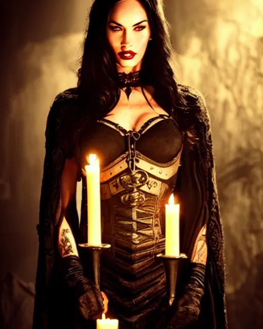 Image similar to megan fox witch queen, black eyes, blood, full body, intricate victorian dress, symmetrical eyes, rafael albuquerque, frank frazetta, moody lighting, candles