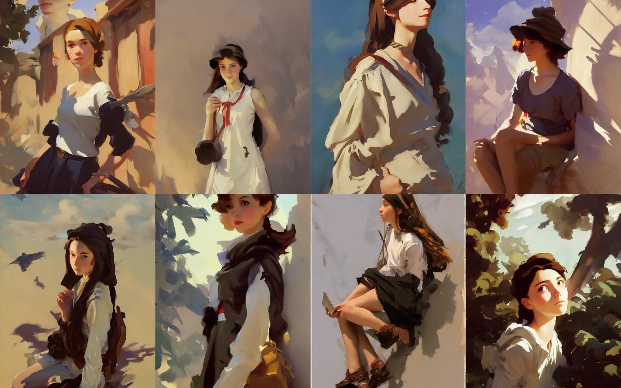 Image similar to portrait of teenage girl traveler greg manchess painting by sargent and leyendecker, studio ghibli, fantasy, medium shot, asymmetrical, intricate, elegant, matte painting, illustration, hearthstone, by greg rutkowski, by greg tocchini, by james gilleard, by joe fenton