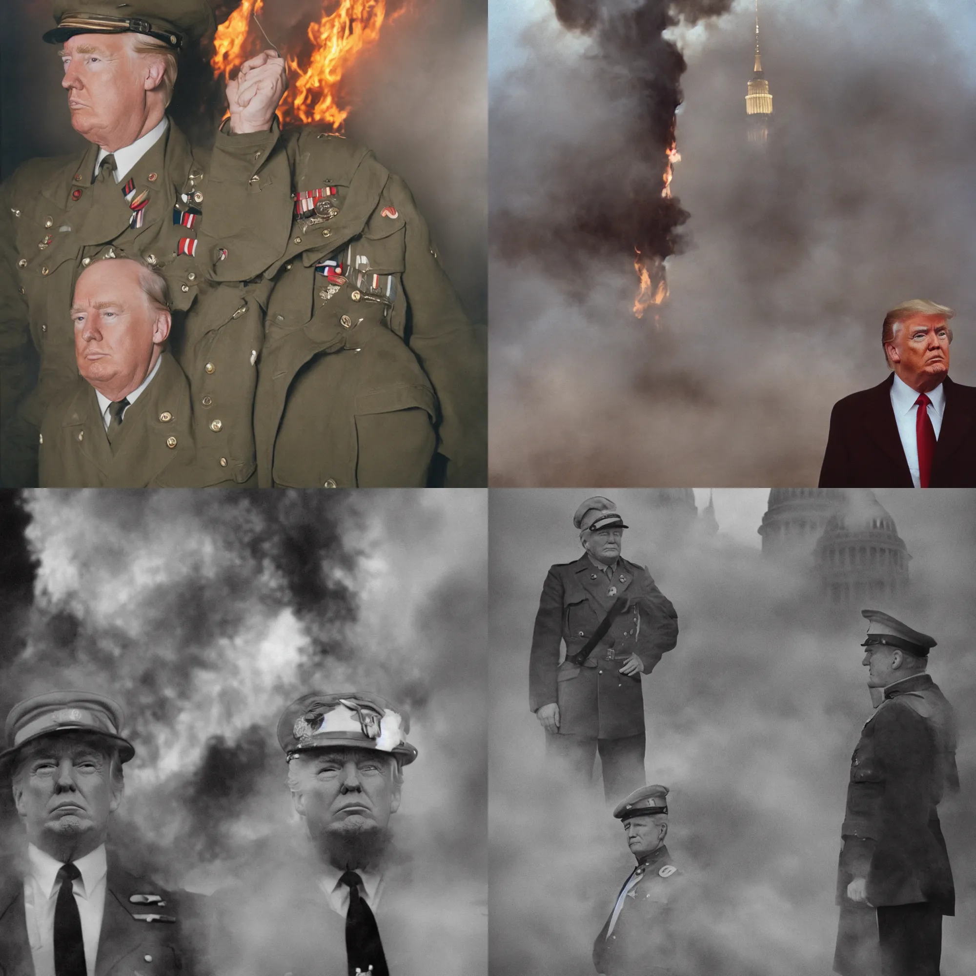 Prompt: portrait photograph of Donald Trump wearing brown german Reichsführer WWII outfit, off-camera flash, canon 35mm lens, f2 aperture, color Ektachrome photograph, blurred background is of united states capitol building on fire, light fog, hdr detail, realistic skin pores, evening lighting