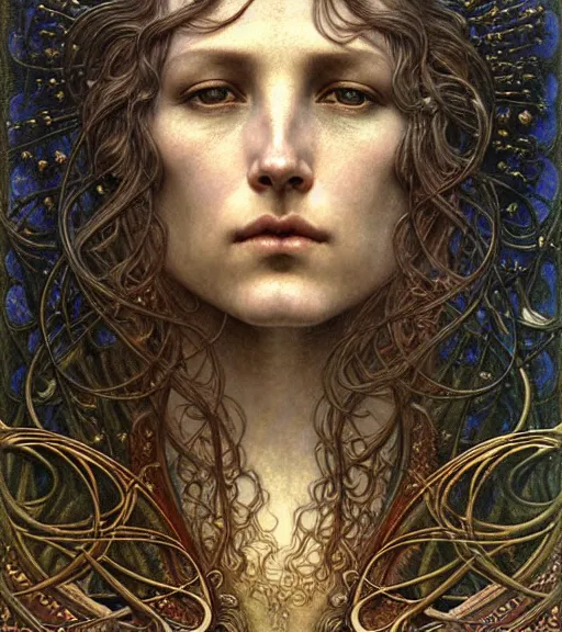 Image similar to detailed realistic beautiful young medieval queen of the andromeda galaxy face portrait by jean delville, gustave dore and marco mazzoni, art nouveau, symbolist, visionary, gothic, pre - raphaelite. horizontal symmetry by zdzisław beksinski, iris van herpen, raymond swanland and alphonse mucha. highly detailed, hyper - real, beautiful