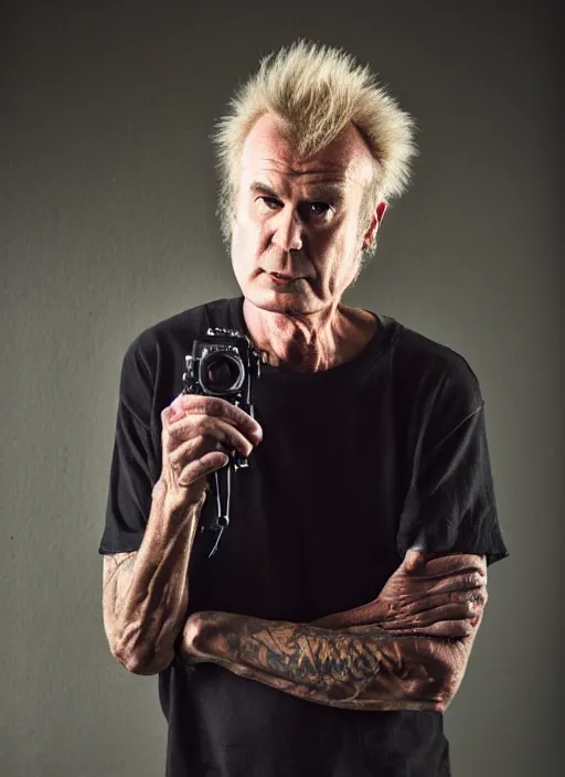 Image similar to DSLR photo portrait still of 64 year old age 64 Sid Vicious at age 64!!!, 85mm f1.8